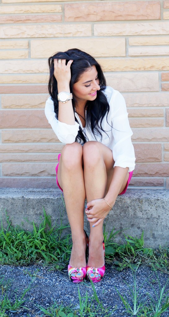 Lucy Paris hot pink shorts with Aldo Lafera Floral Heels