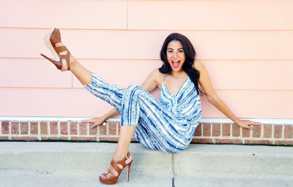 Braless Backless deep v neck jumpsuit with Michael Kors heels