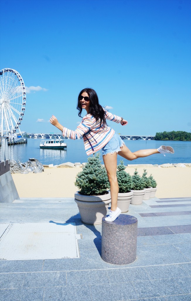 Trina Turk Pattern Blazer with cut off shorts and converse