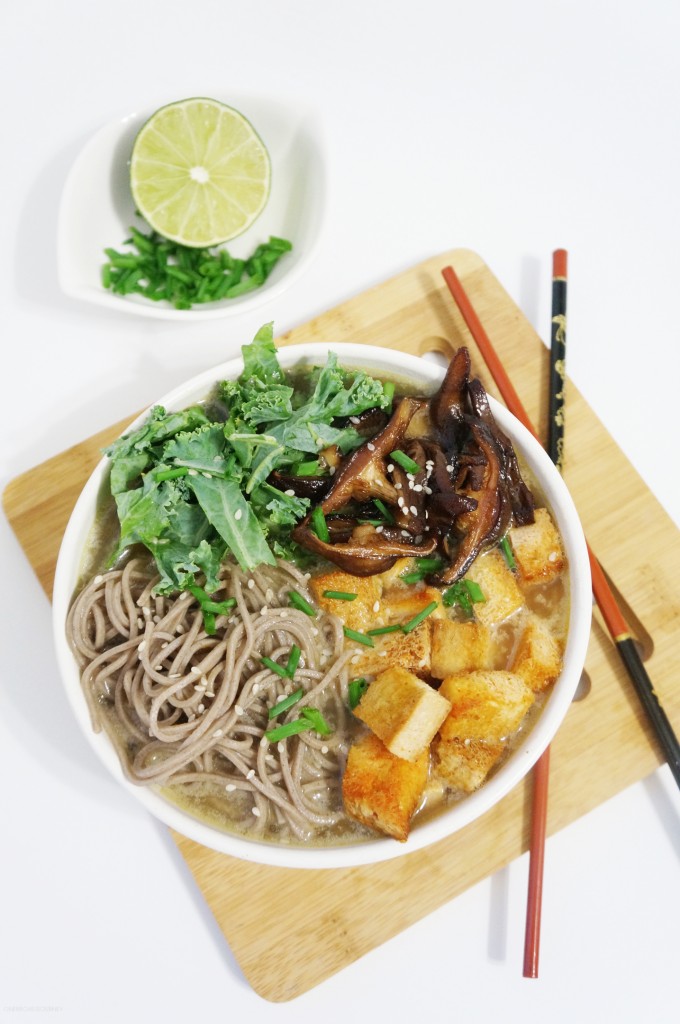 Soba Noodles with Spicy Tofu and Shiitake Mushrooms in Tahini Broth