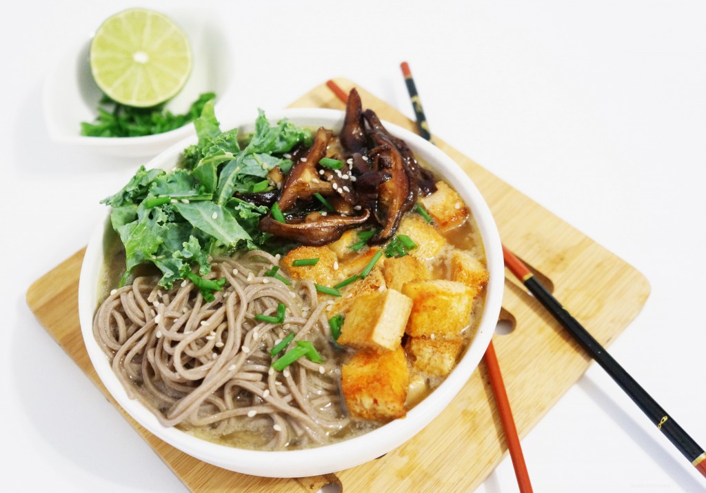 Soba Noodles with Spicy Tofu and Shiitake Mushrooms in Tahini Broth