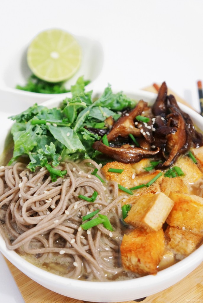 Soba Noodles with Spicy Tofu and Shiitake Mushrooms in Tahini Broth
