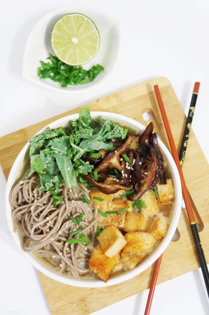 Soba Noodles with Spicy Tofu and Shiitake Mushrooms in Tahini Broth