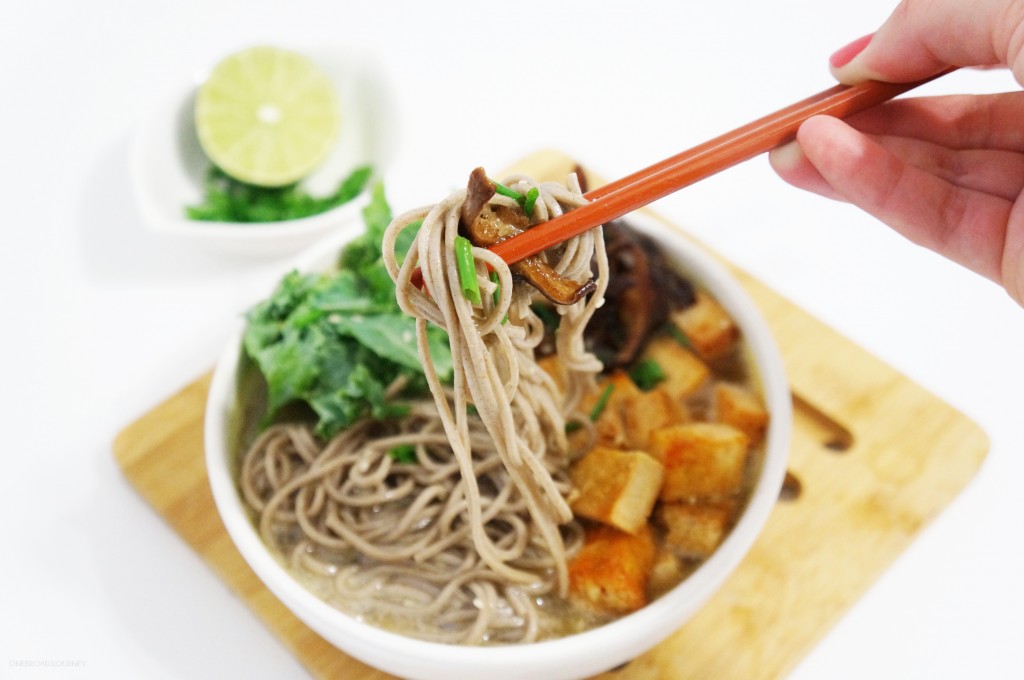 Soba Noodles with Spicy Tofu and Shiitake Mushrooms in Tahini Broth