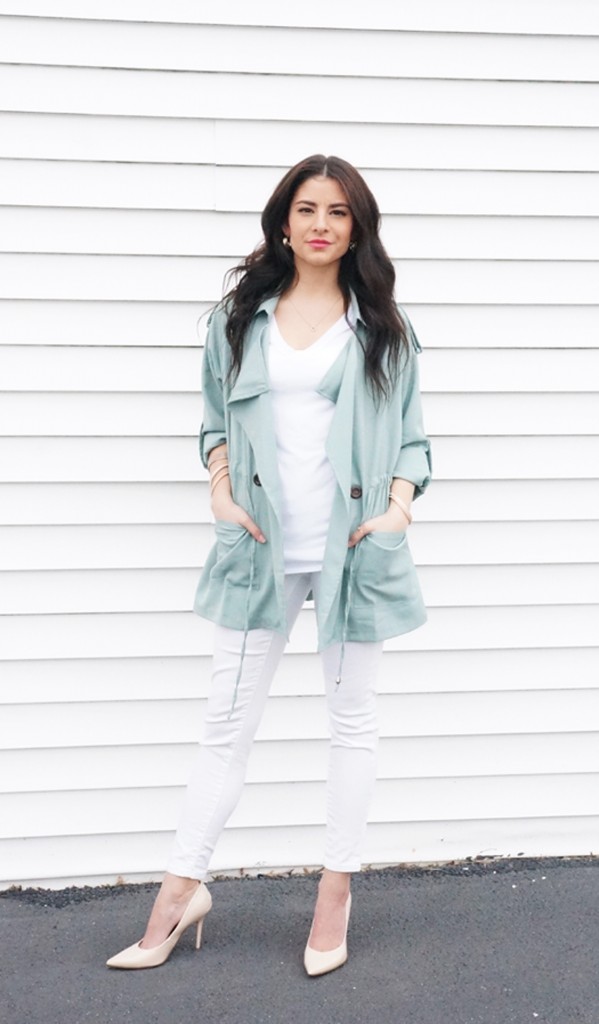 Mint Green Lapel with white pants outfit