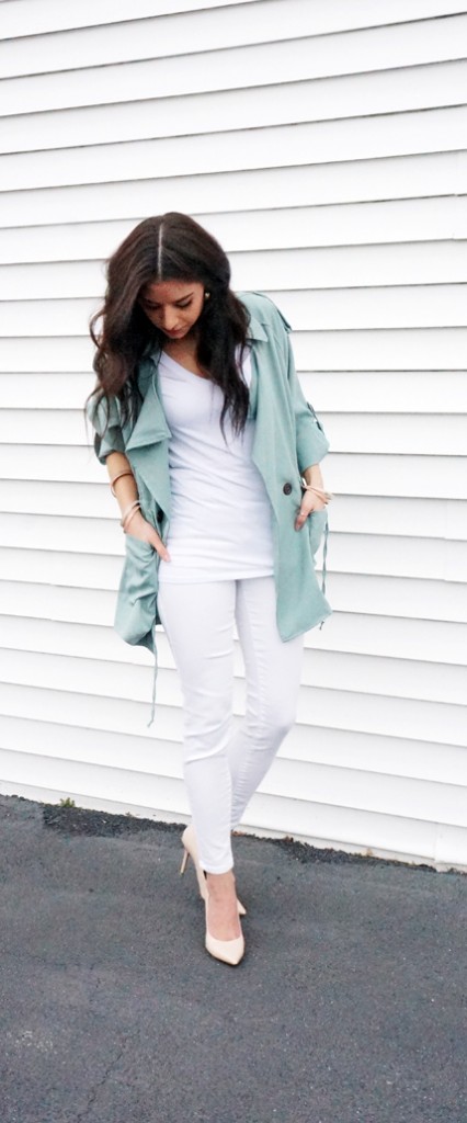 Mint Green Lapel with white pants outfit