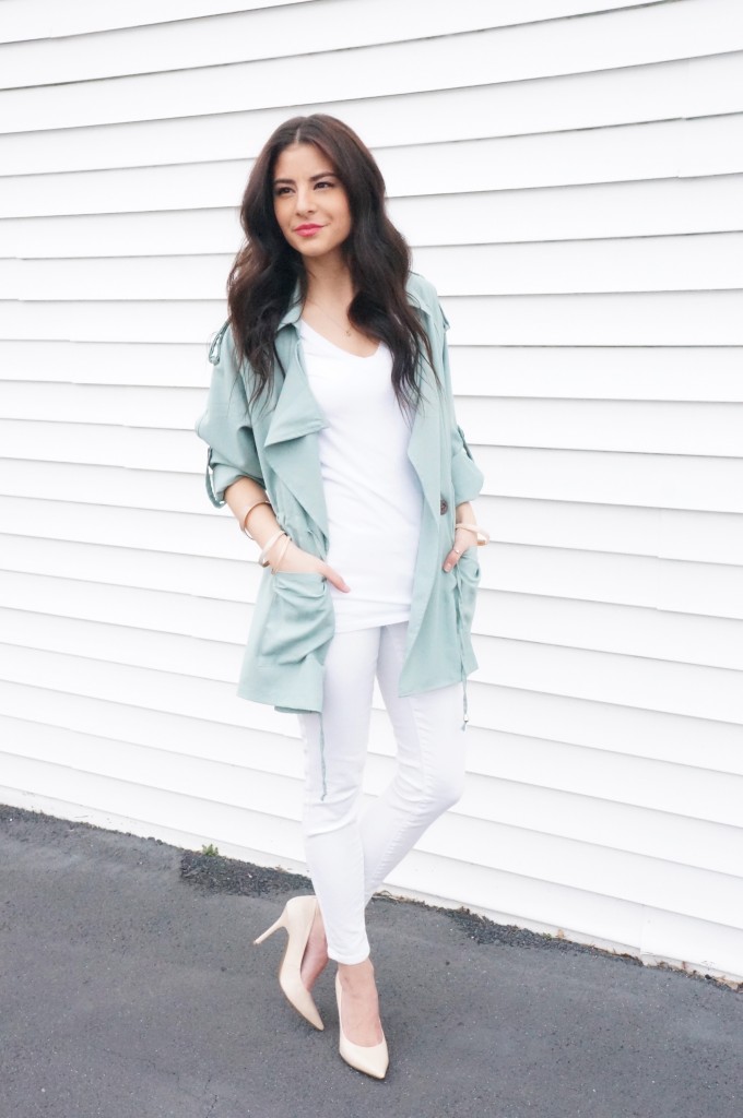 Mint Green Lapel with white pants outfit