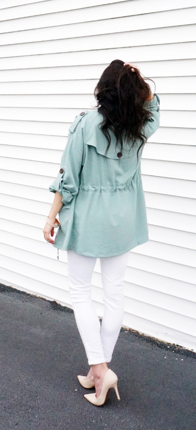 Mint Green Lapel with white pants outfit