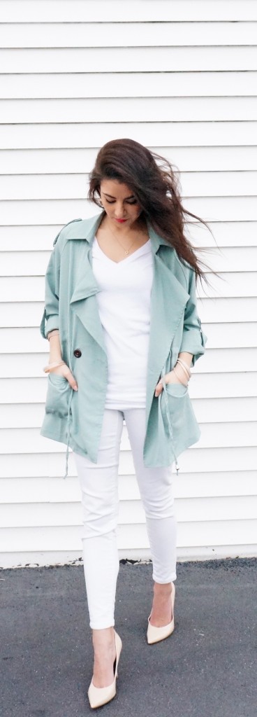 Mint Green Lapel with white pants outfit