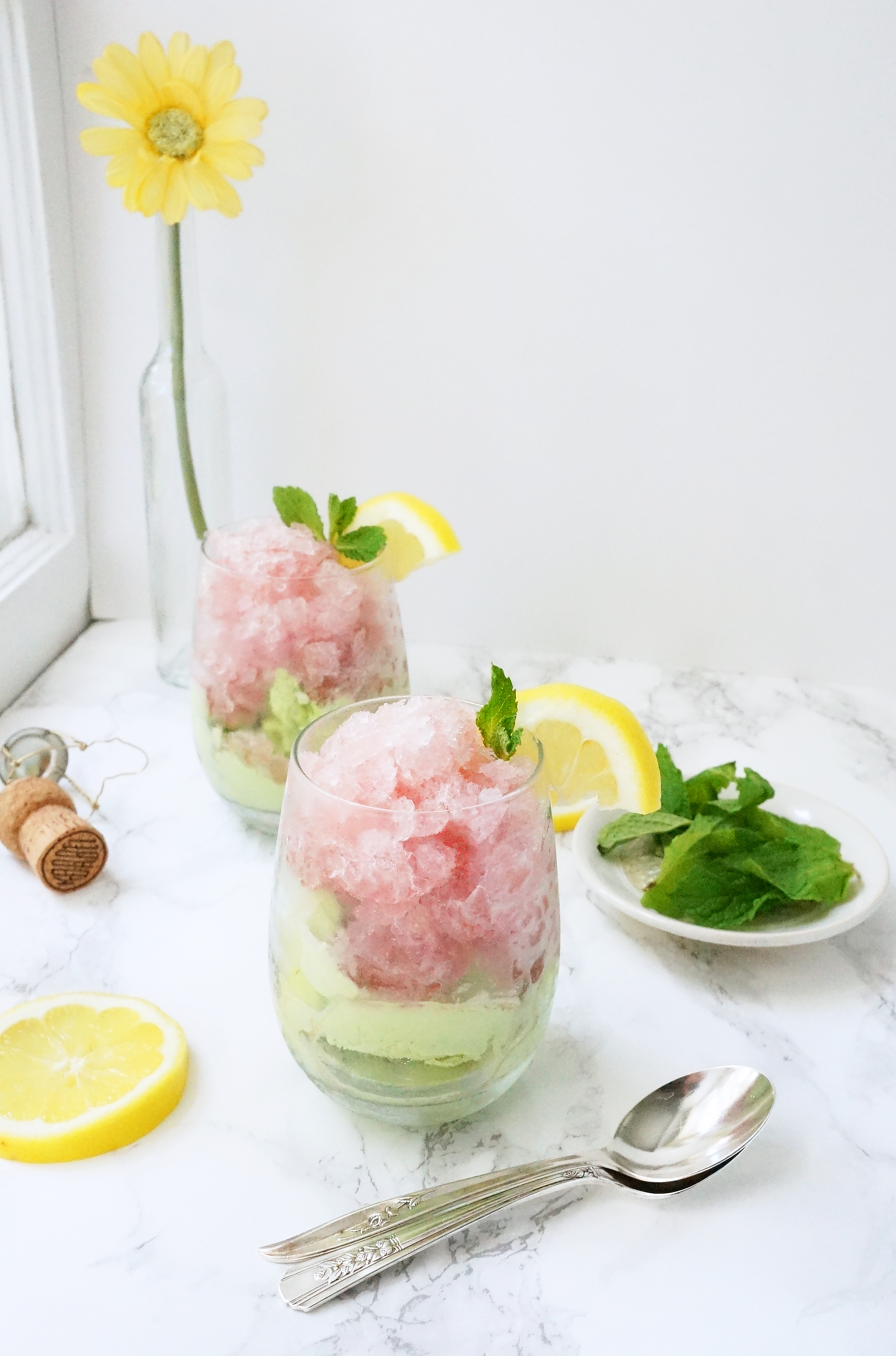 Rosé with Rose Simple Syrup Granita over Green Tea Ice Cream from One Broads Journey