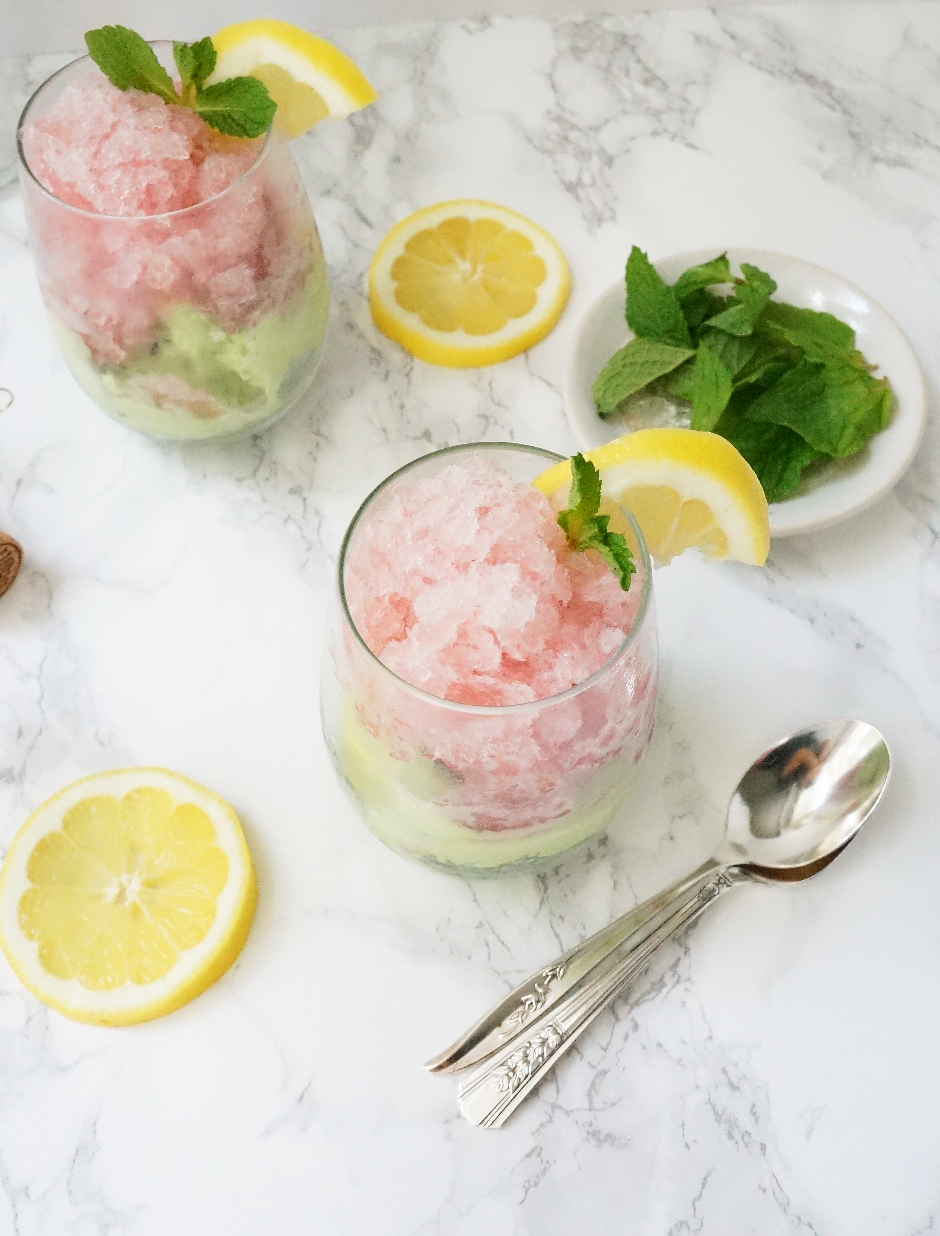 Rosé with Rose Simple Syrup Granita over Green Tea Ice Cream from One Broads Journey