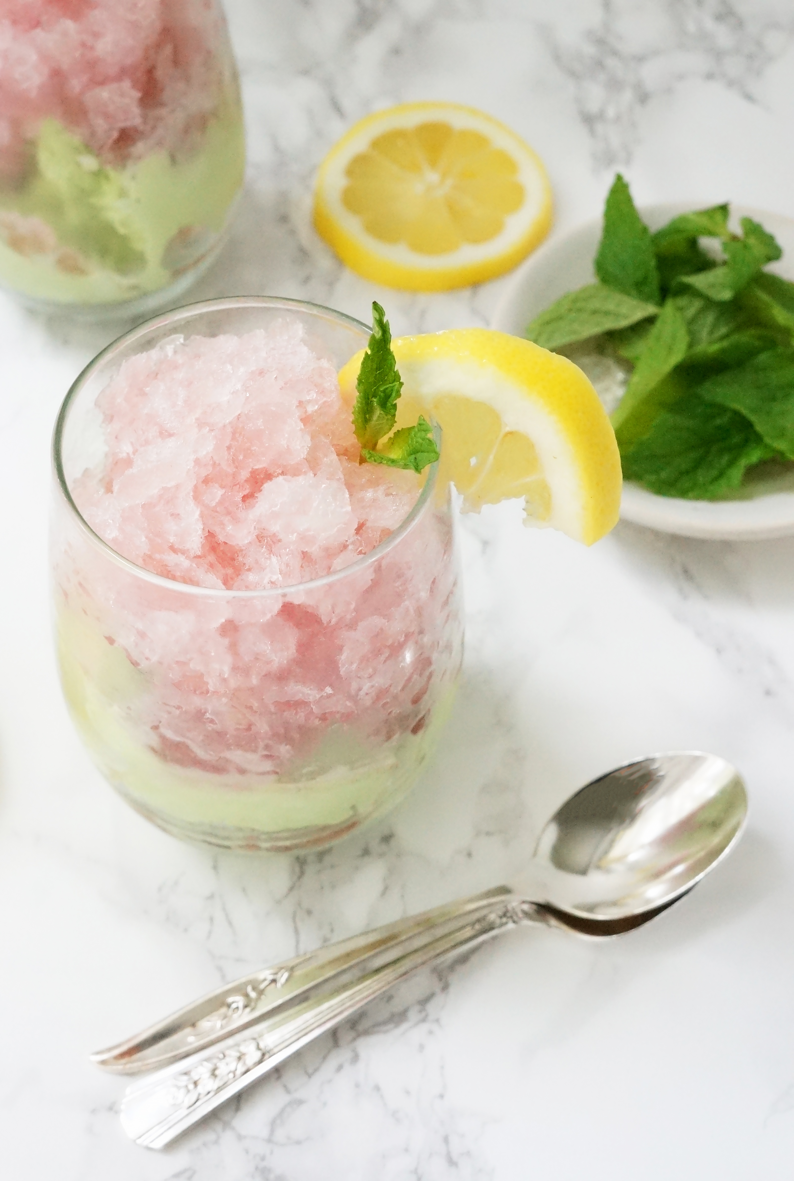 Rosé with Rose Simple Syrup Granita over Green Tea Ice Cream from One Broads Journey