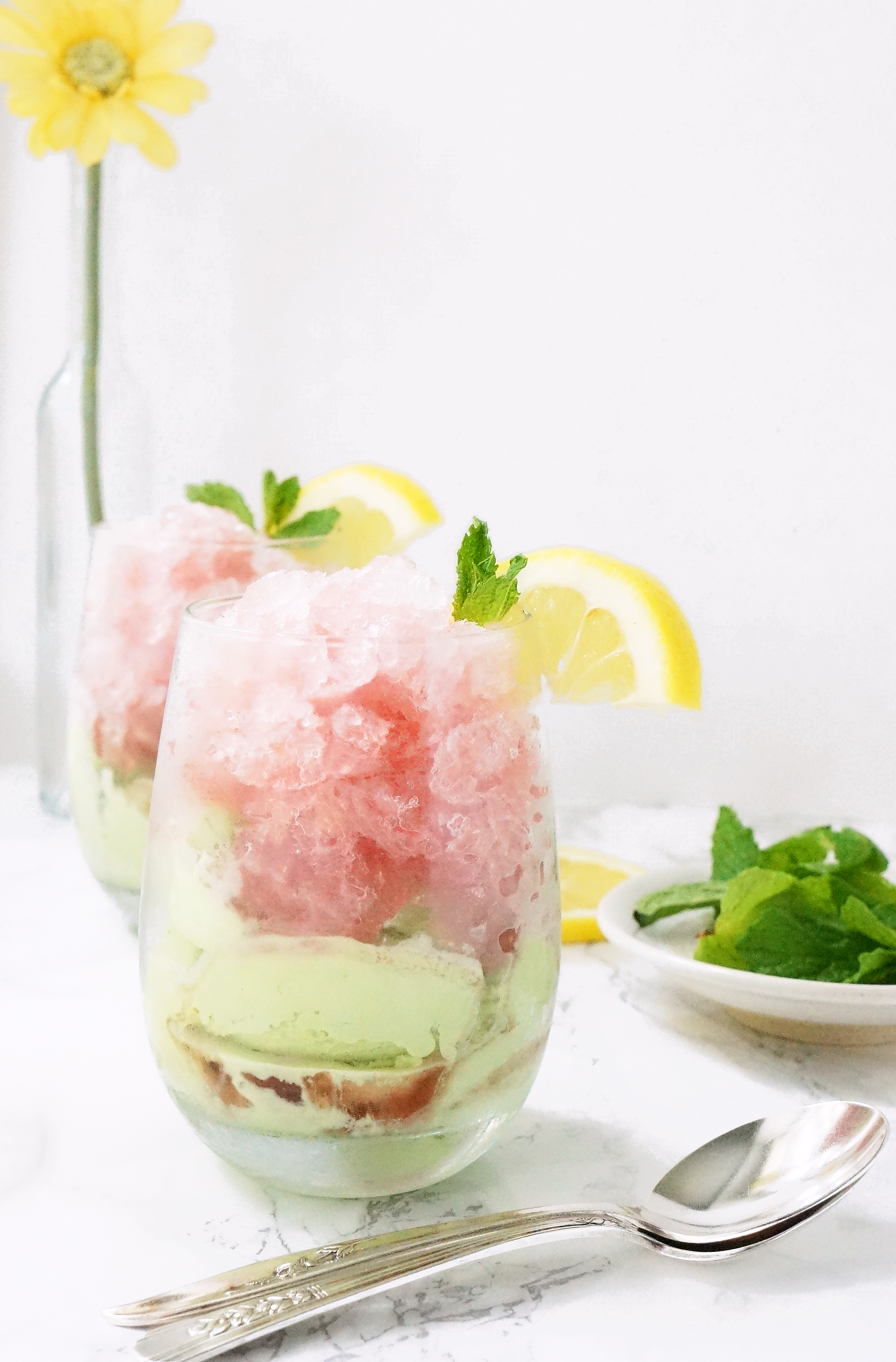 Rosé with Rose Simple Syrup Granita over Green Tea Ice Cream from One Broads Journey
