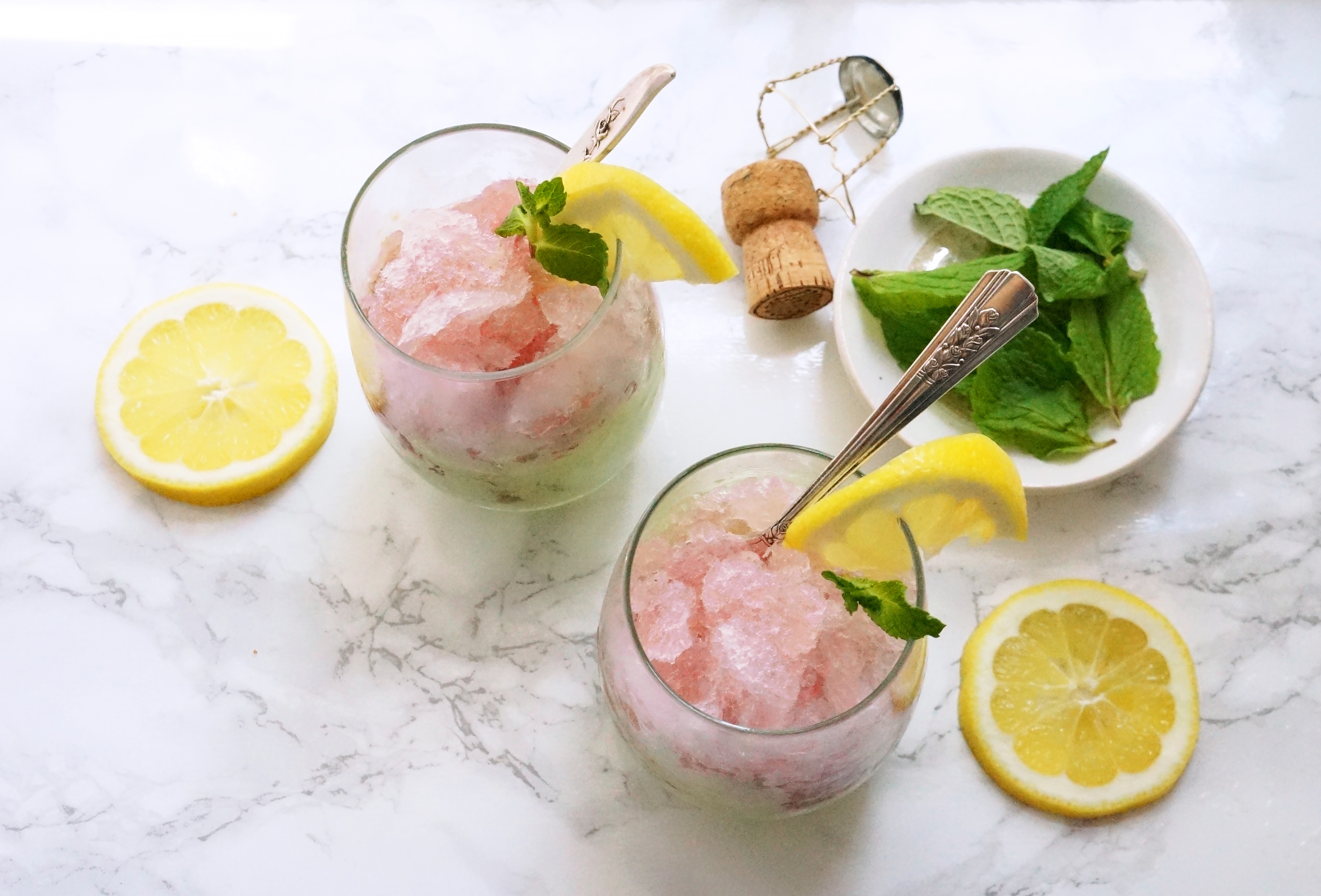 Rosé with Rose Simple Syrup Granita over Green Tea Ice Cream from One Broads Journey