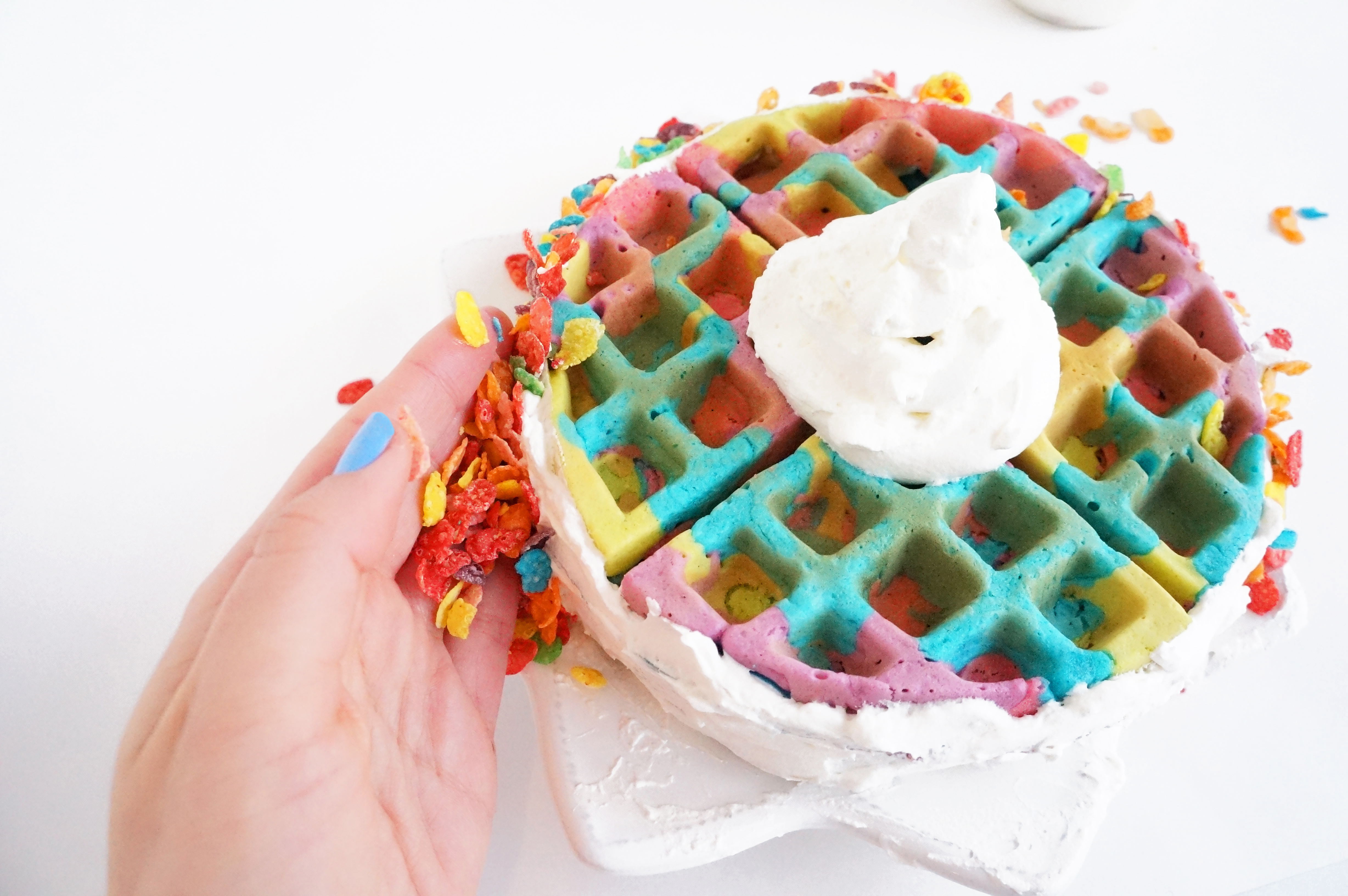 Tie Dye Fruity Pebbles Crusted Waffles