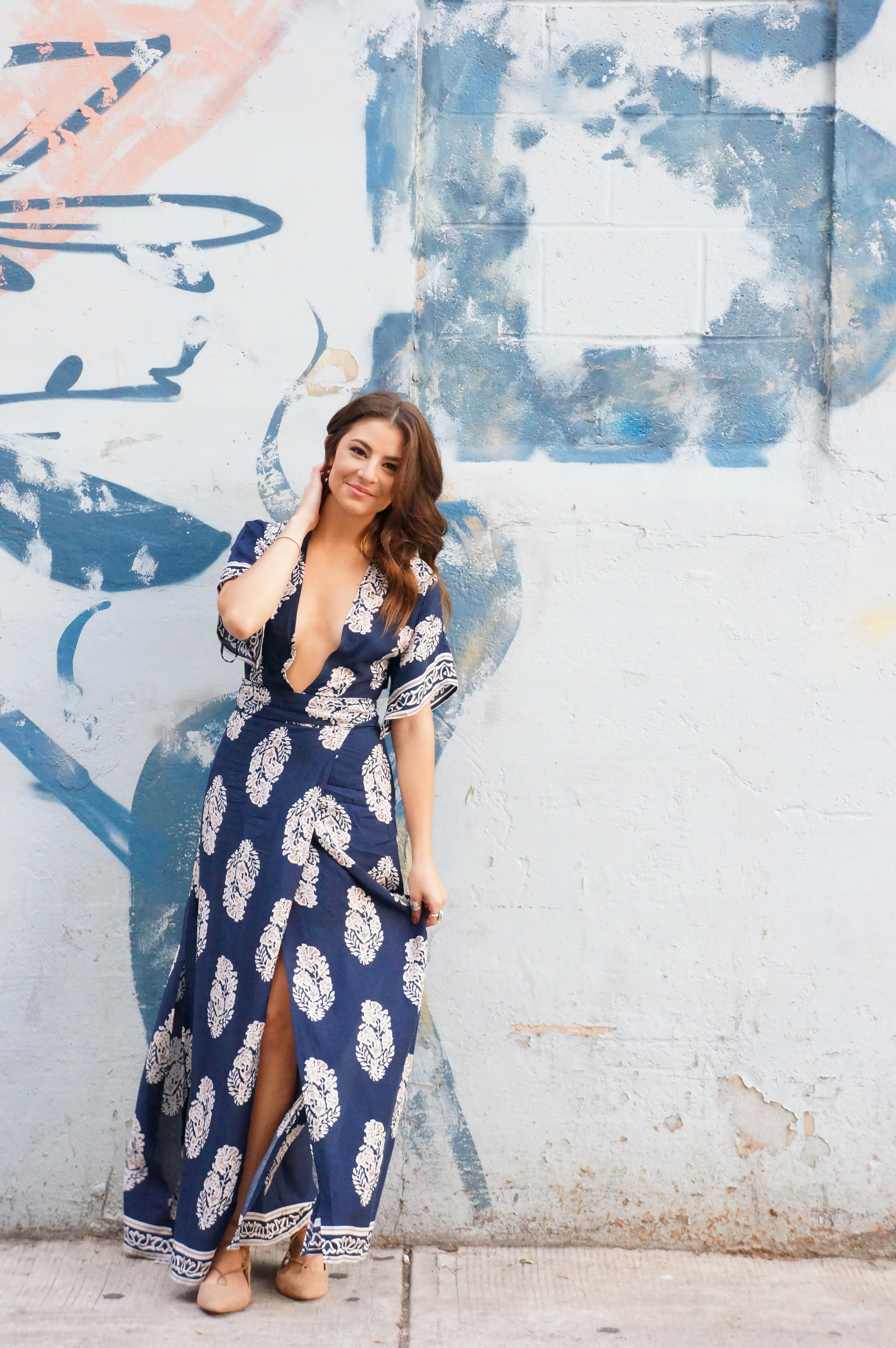 Printed Plunge Navy Kimono Wrap Dress