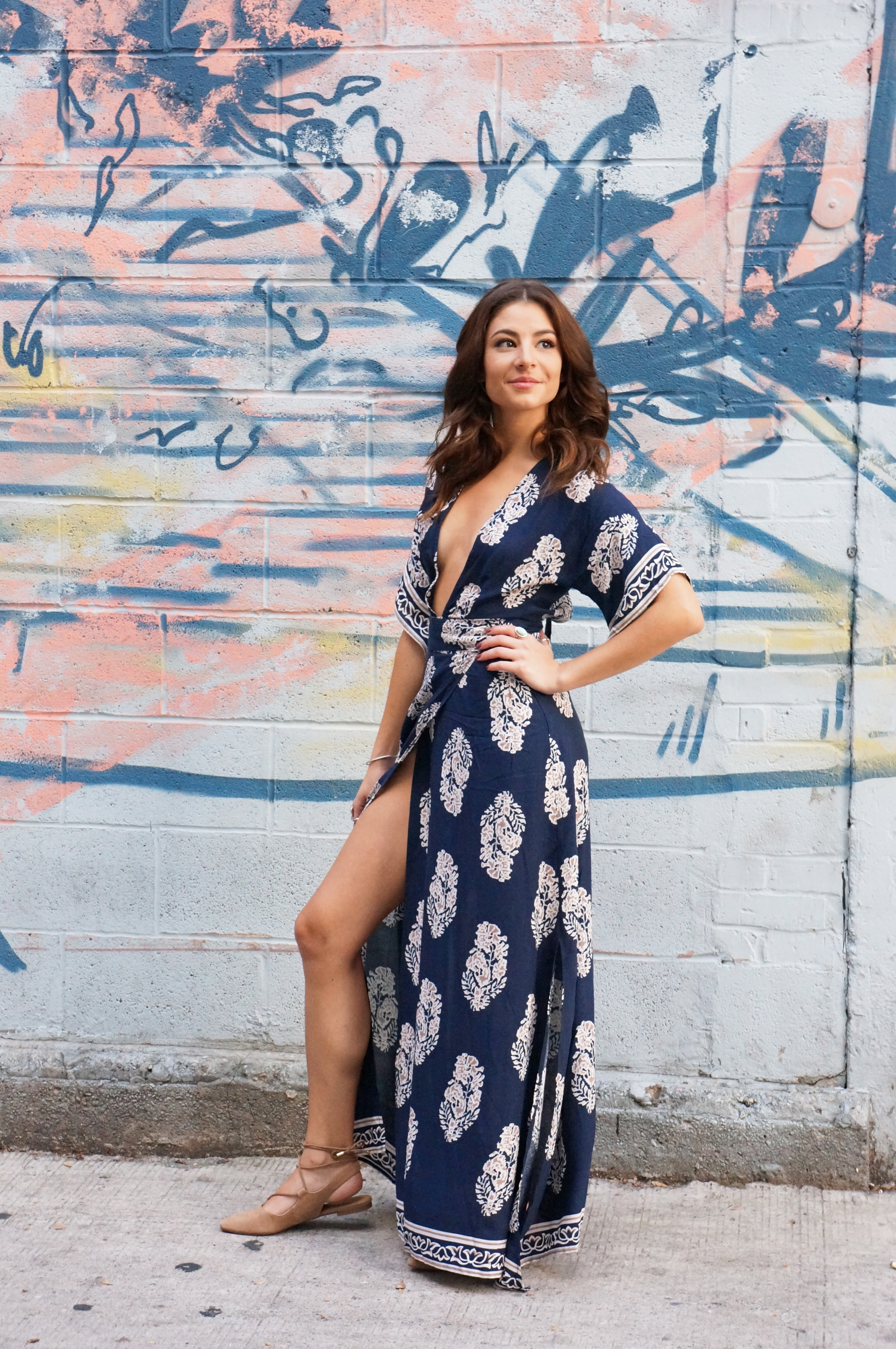 Printed Plunge Navy Kimono Wrap Dress