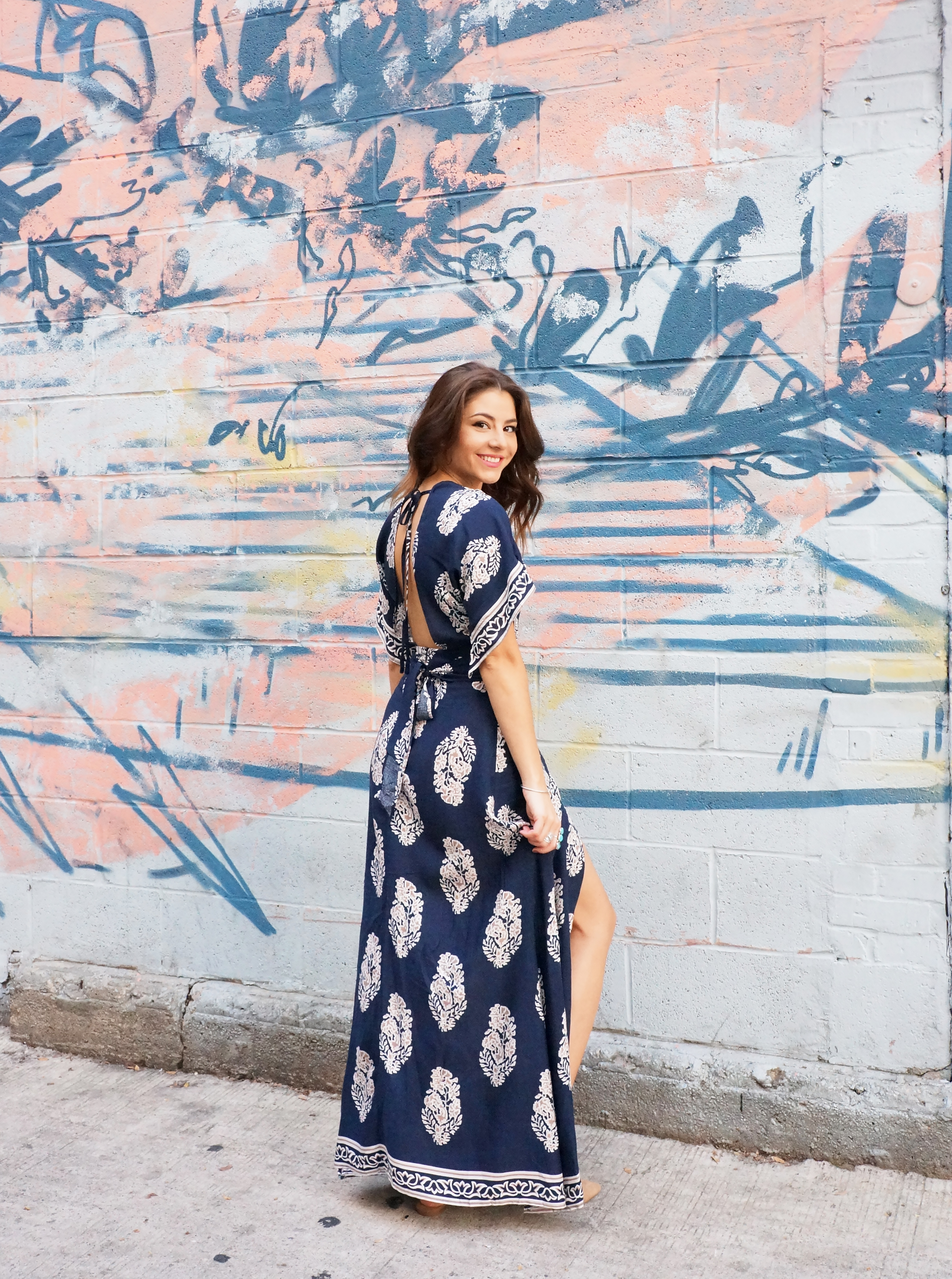 Printed Plunge Navy Kimono Wrap Dress