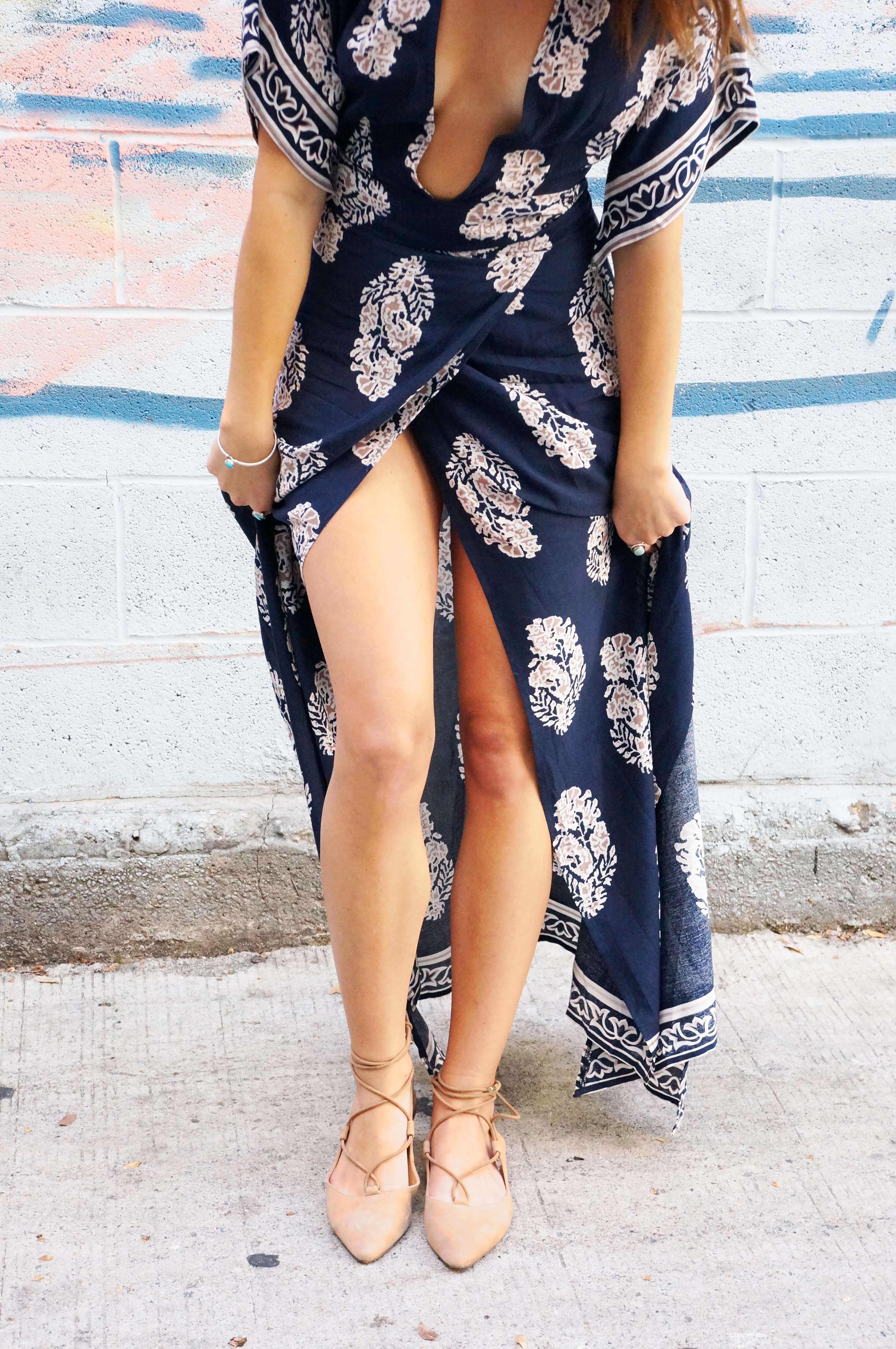 Printed Plunge Navy Kimono Wrap Dress