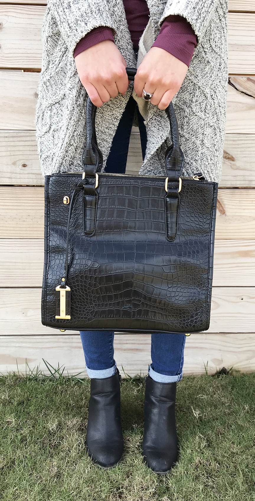 Black Crocodile Embossed Faux Leather Handbag and Bali Legacy Collection Brazilian Smoky Quartz Sterling Silver Ring