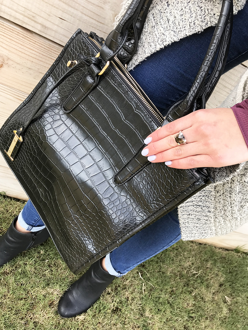 Black Crocodile Embossed Faux Leather Handbag and Bali Legacy Collection Brazilian Smoky Quartz Sterling Silver Ring