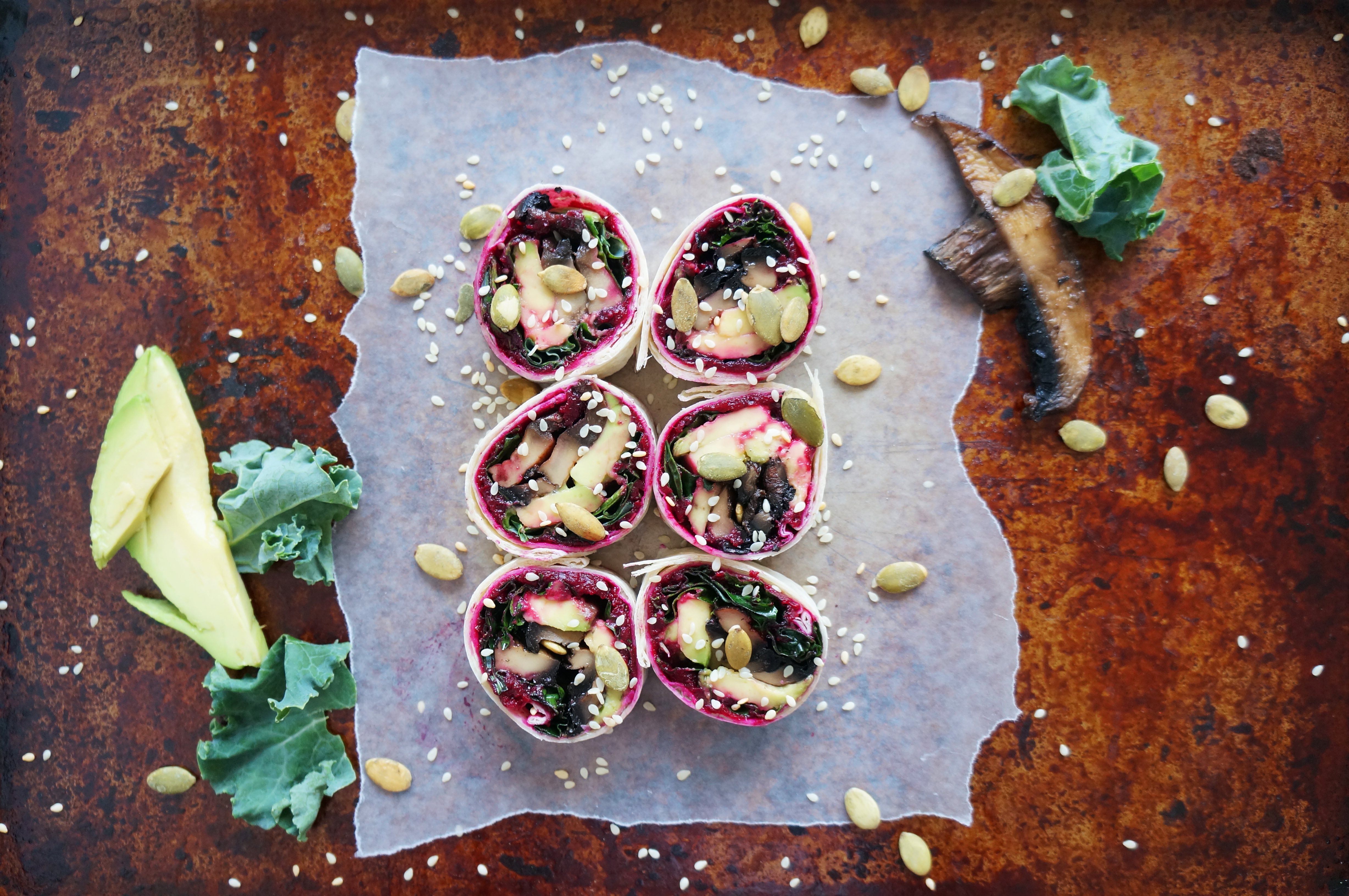 Kale Mushroom Wrap with Beet Hummus