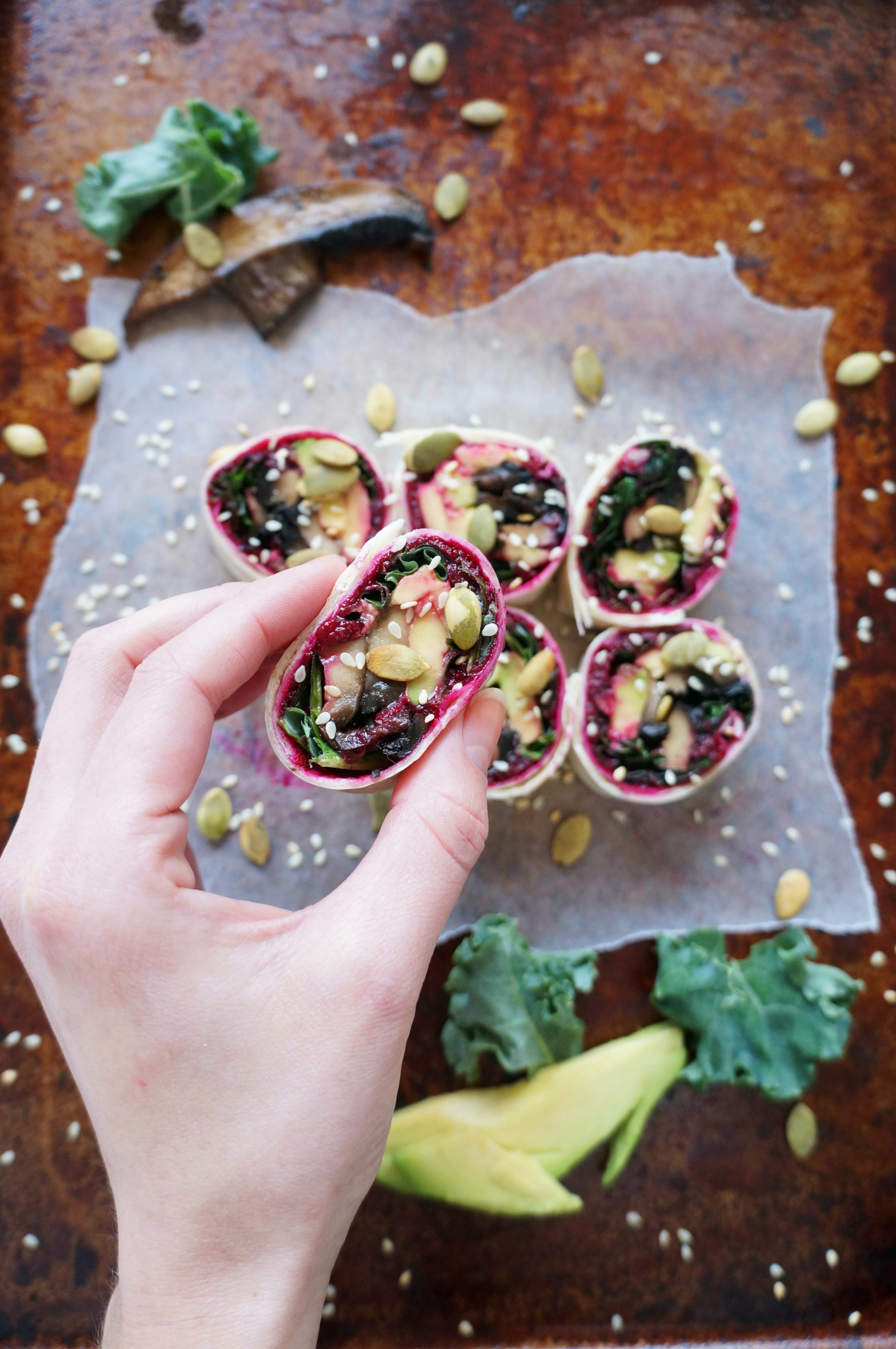 Kale Mushroom Wrap with Beet Hummus