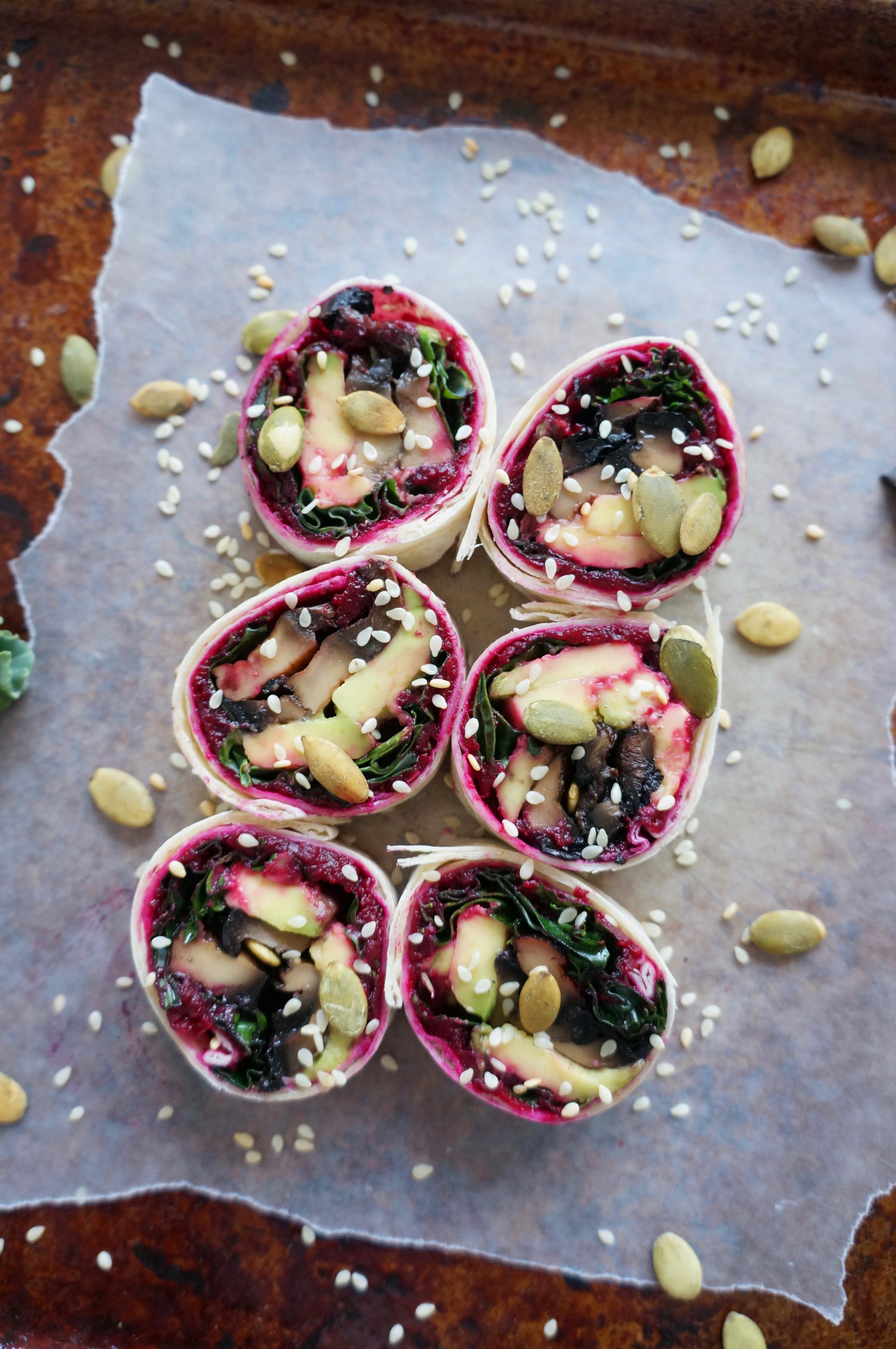 Kale Mushroom Wrap with Beet Hummus