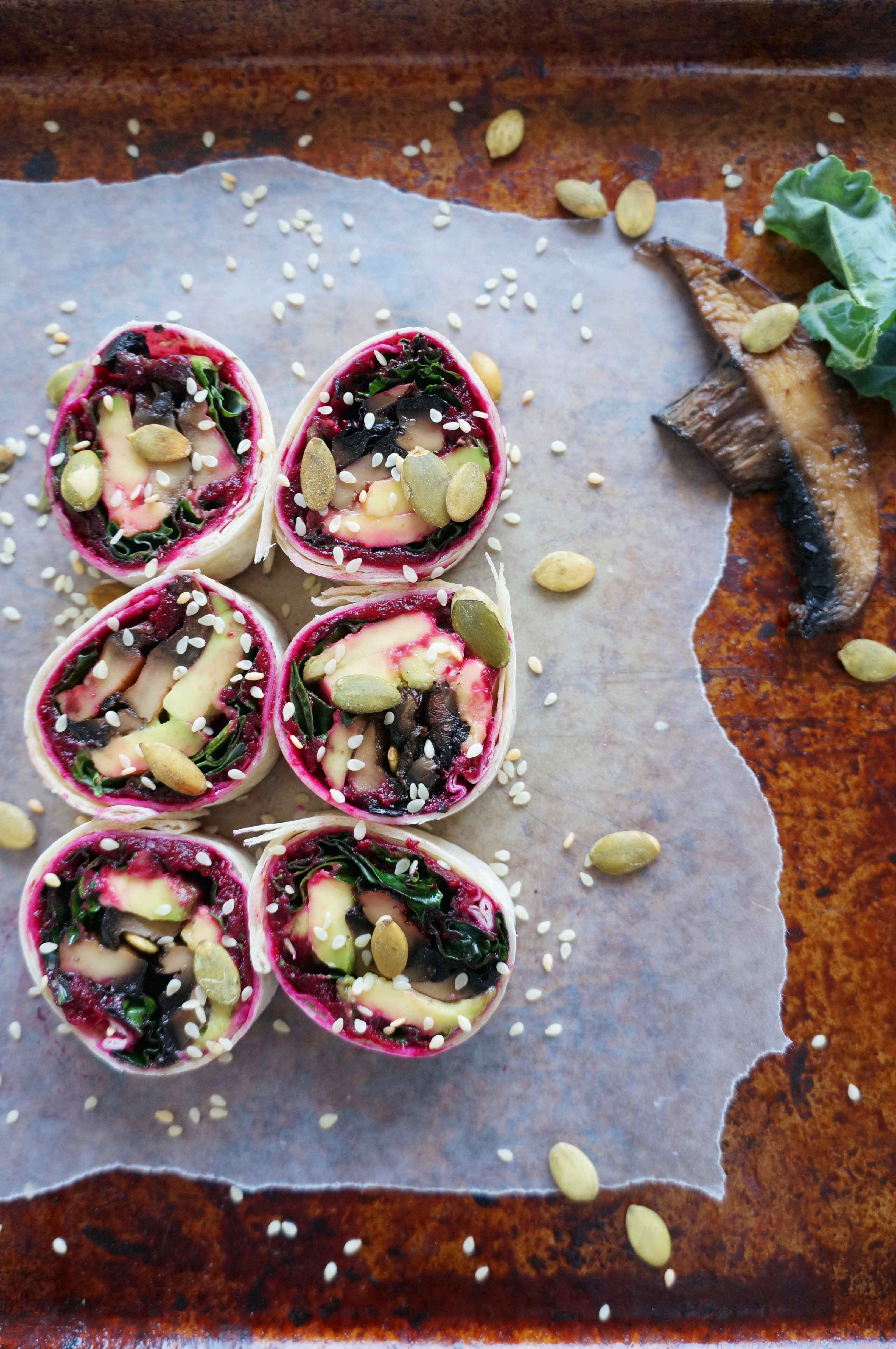 Kale Mushroom Wrap with Beet Hummus