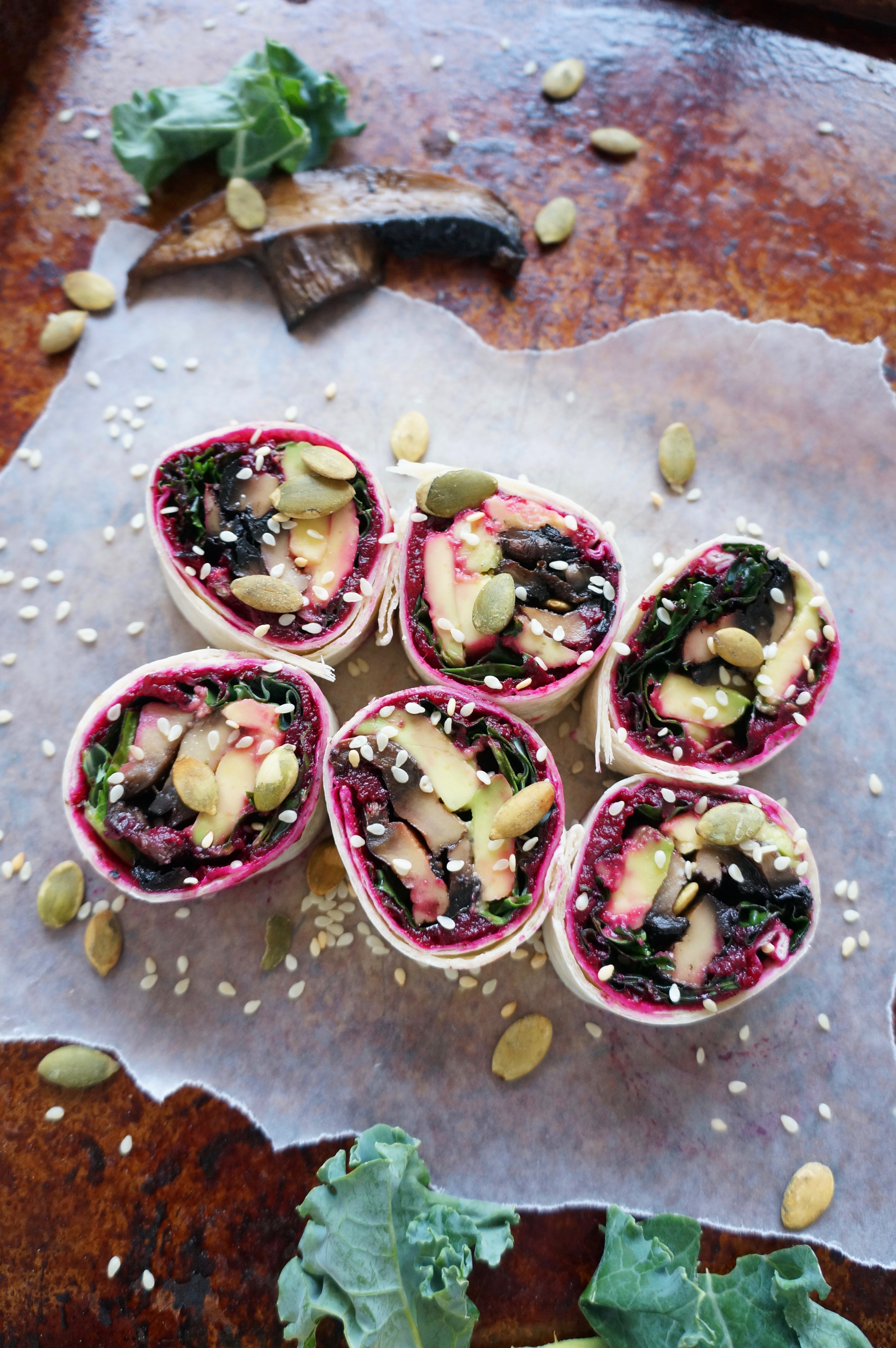 Kale Mushroom Wrap with Beet Hummus