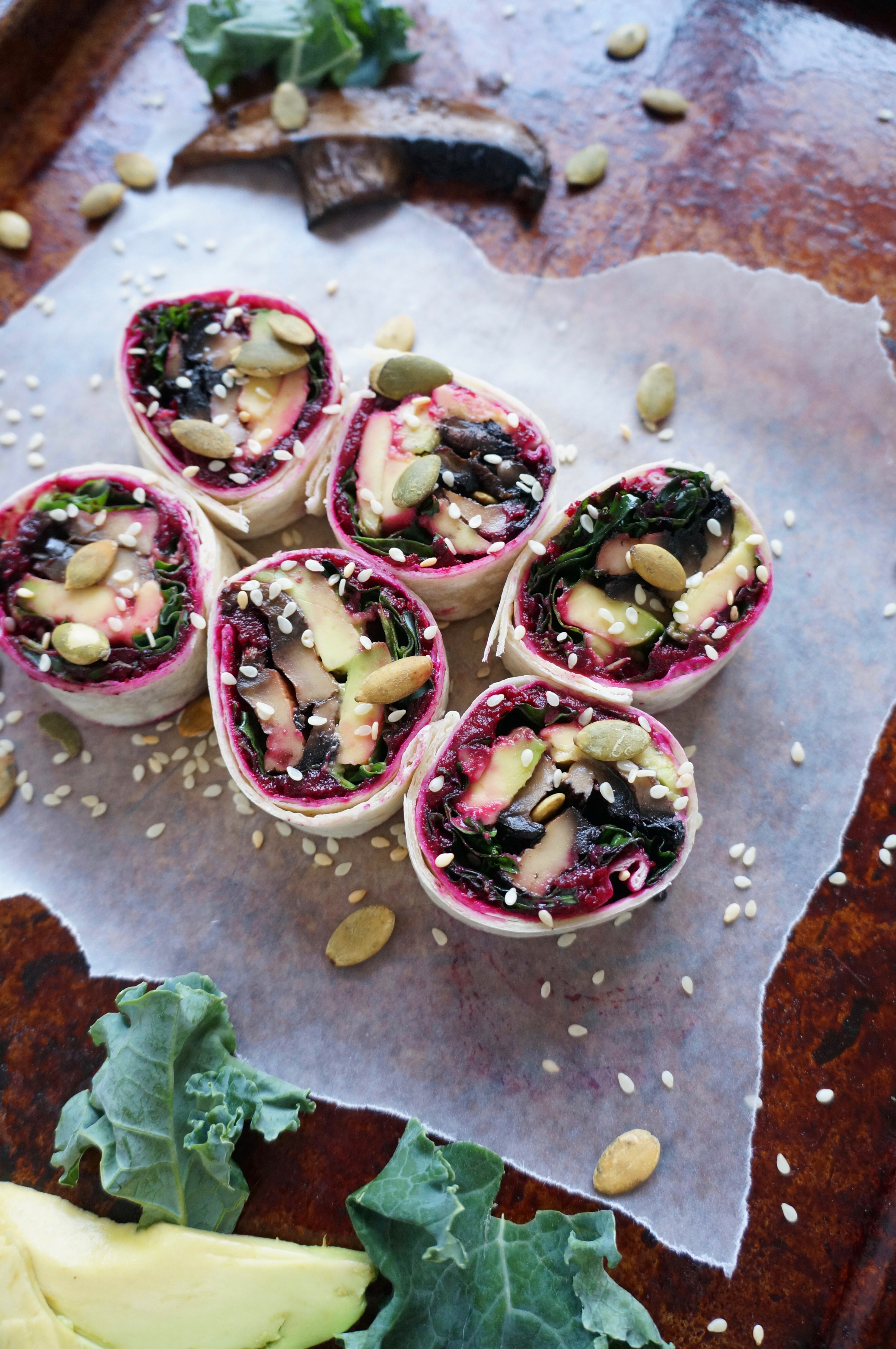 Kale Mushroom Wrap with Beet Hummus