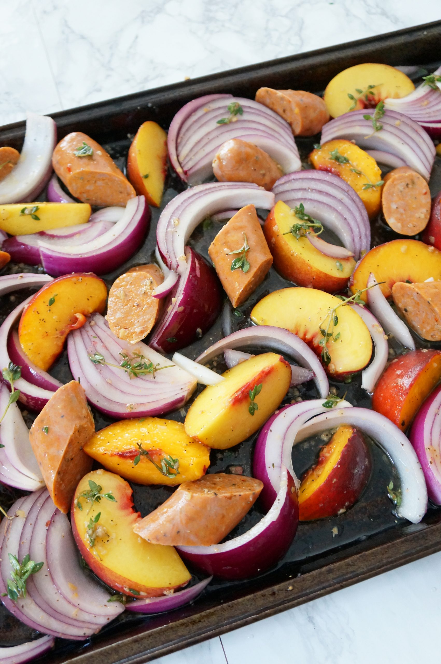 Al Fresco One Pan Chicken Sausage with peaches and red onion