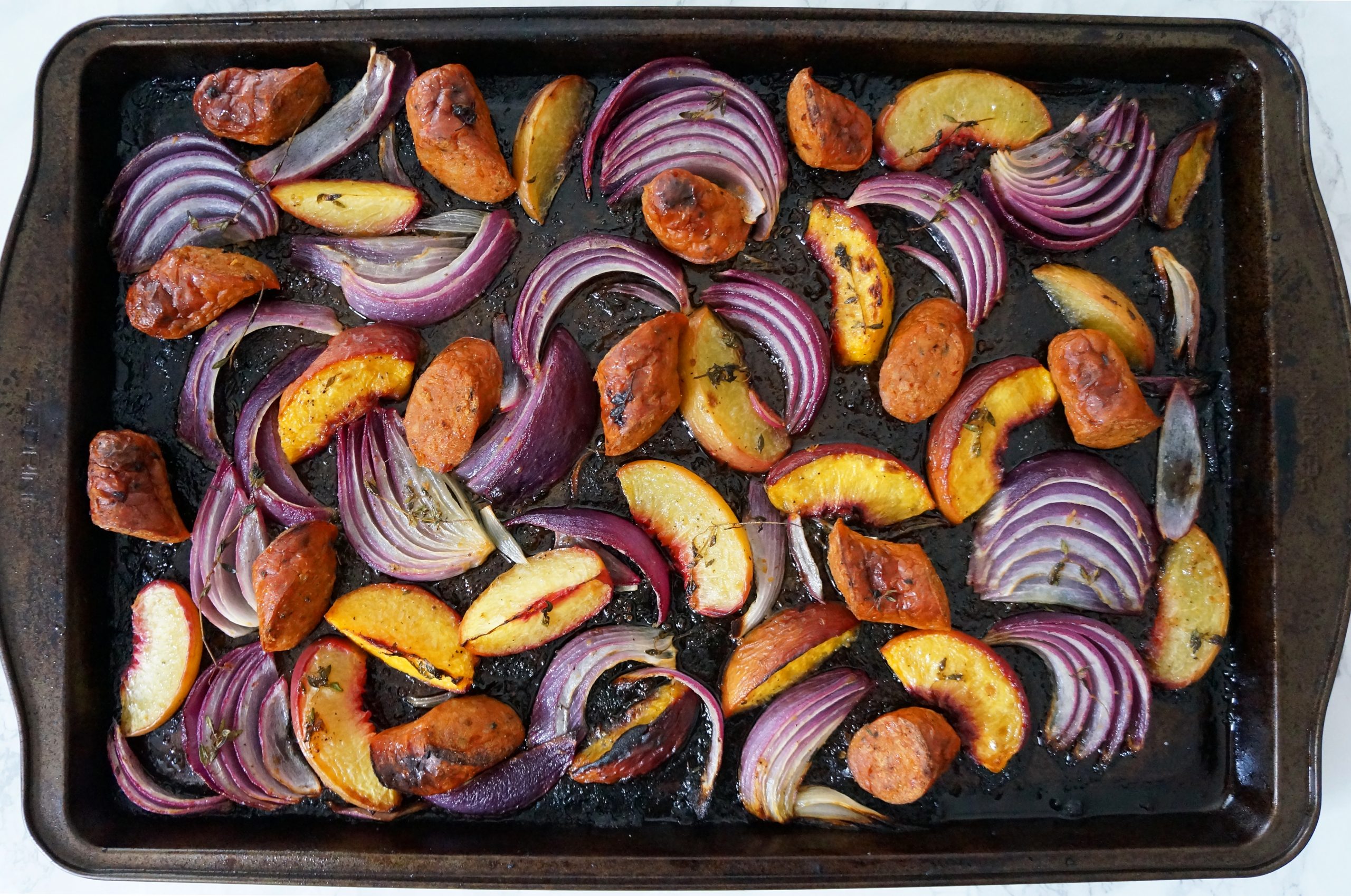 Al Fresco One Pan Chicken Sausage with peaches and red onion