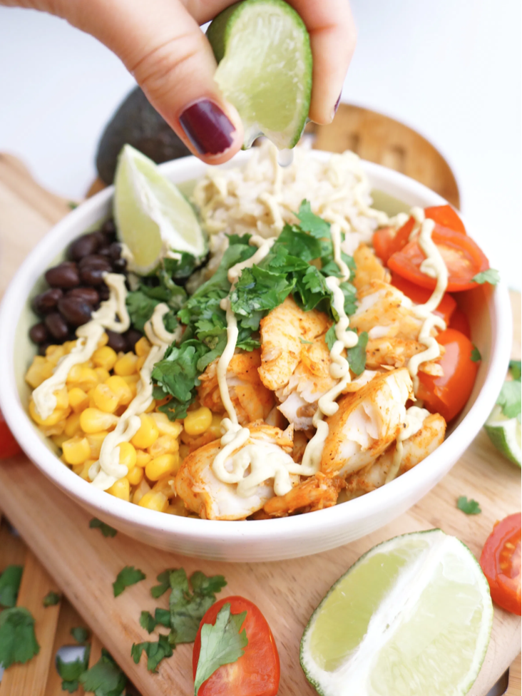 Spicy Tilapia Bowls With Avocado Chipotle Cream Sauce