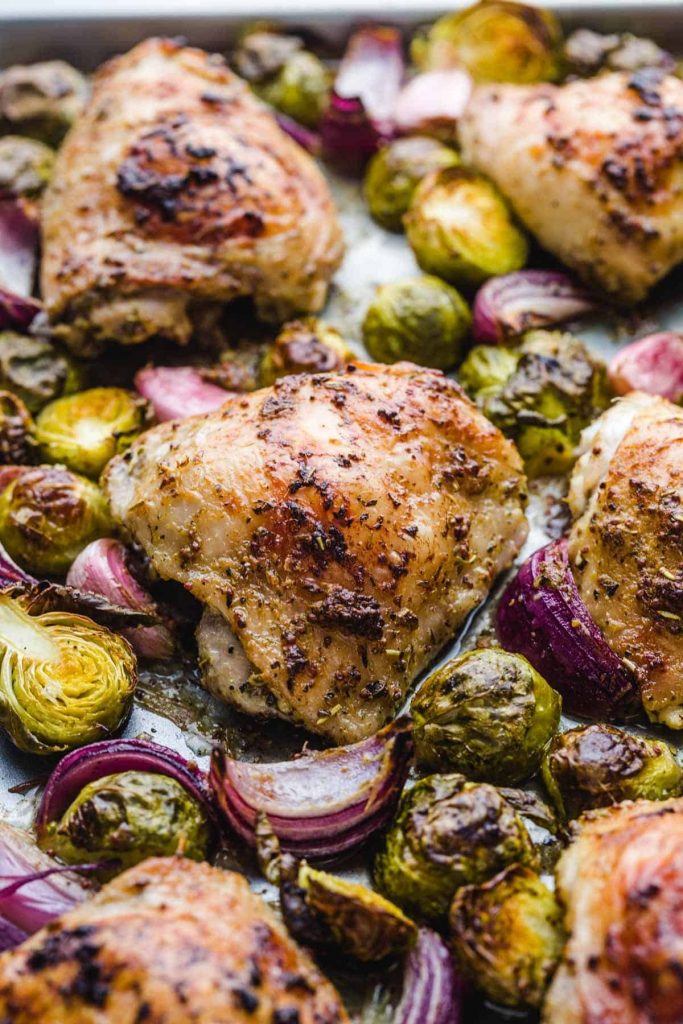 Sheet pan chicken thighs with brussel sprouts