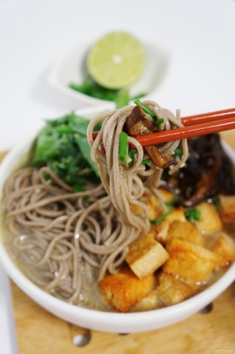 Soba Noodles with Spicy Tofu and Shiitake Mushrooms in Tahini Broth