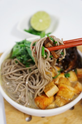 Soba Noodles with Spicy Tofu and Shiitake Mushrooms in Tahini Broth