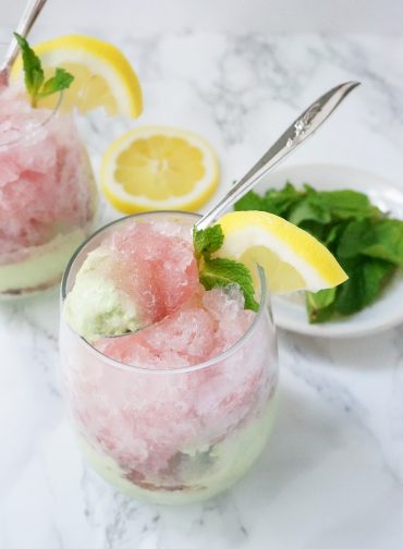 Rosé with Rose Simple Syrup Granita over Green Tea Ice Cream from One Broads Journey