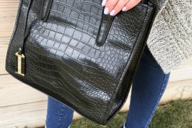 Black Crocodile Embossed Faux Leather Handbag and Bali Legacy Collection Brazilian Smoky Quartz Sterling Silver Ring
