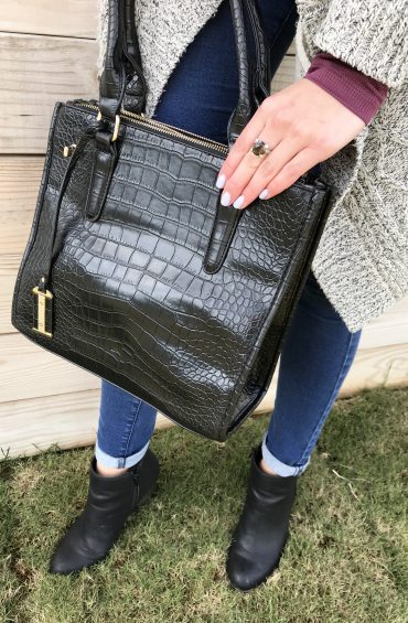 Black Crocodile Embossed Faux Leather Handbag and Bali Legacy Collection Brazilian Smoky Quartz Sterling Silver Ring