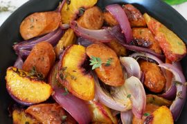 Al Fresco One Pan Chicken Sausage with peaches and red onion