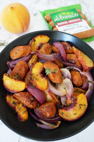 Al Fresco One Pan Chicken Sausage with peaches and red onion