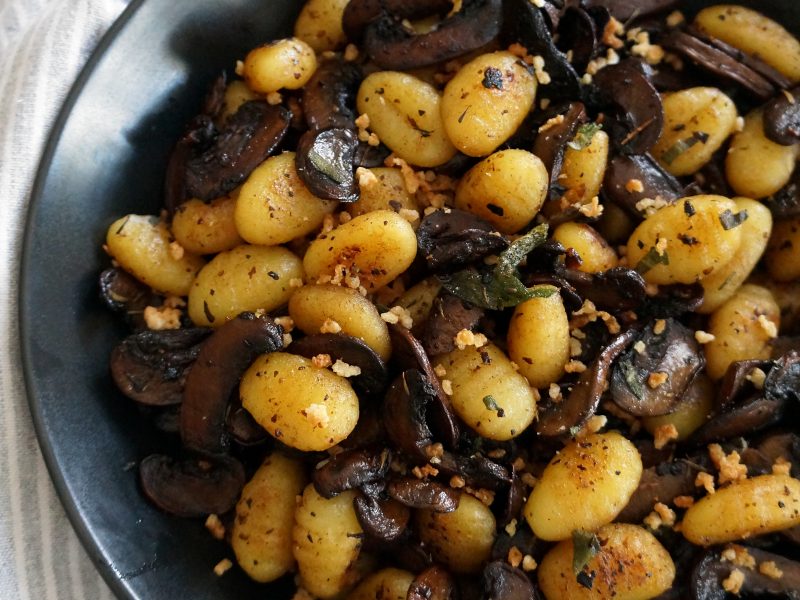 Browned Butter Gnocchi with Herby Mushrooms + Fried Sage + Panko Crumbs